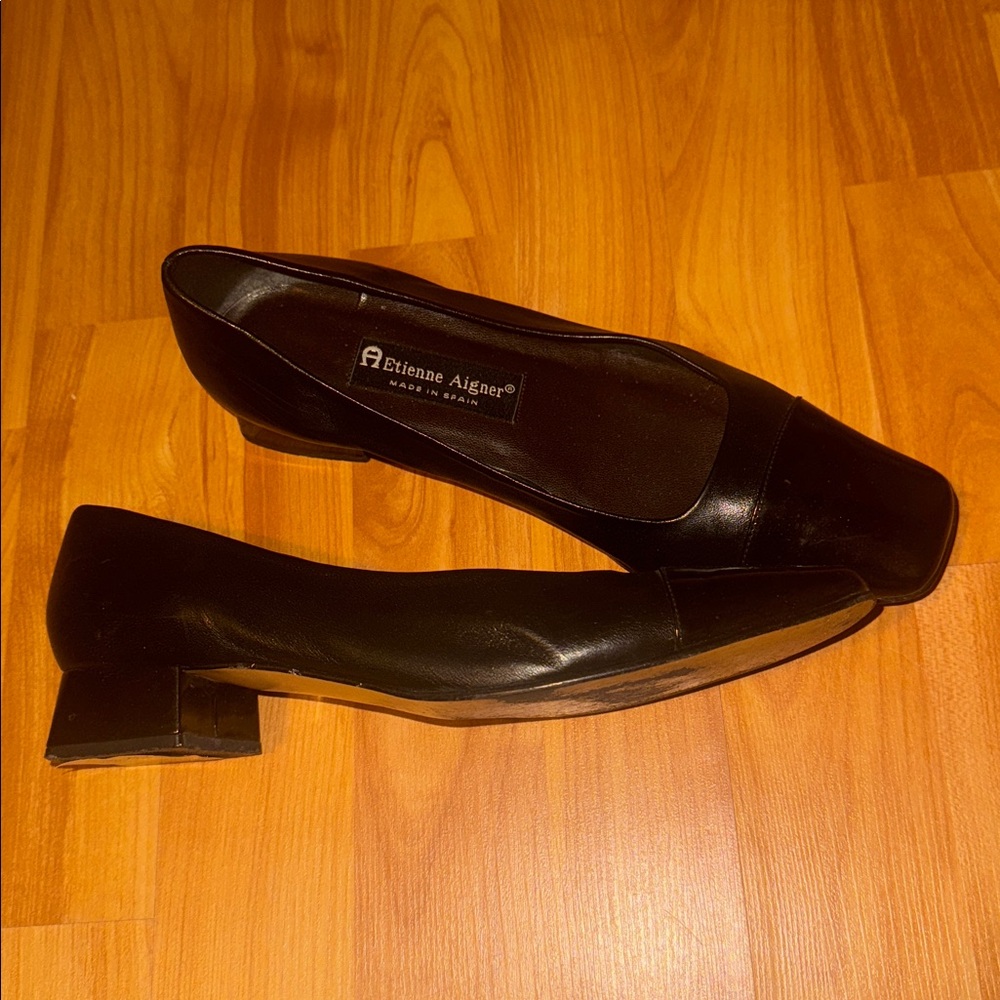 Etienne Aigner Black Shoes twiggy Leather Small Pumps black toe cap 8.5 - Picture 4 of 5
